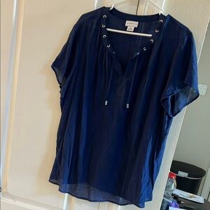 Liz Claiborne Blue Blouse Relaxed Tie Front Short Sleeves